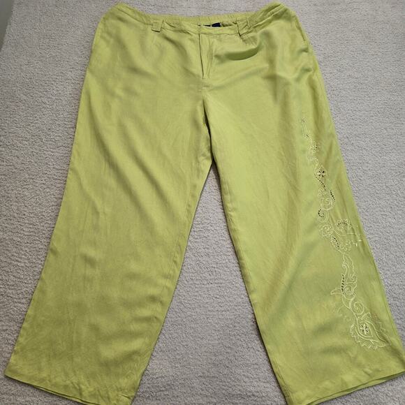 J H Collectibles Linen Blend Casual Pants Lime Green Embroidered Leg Sz 22W - Picture 1 of 11